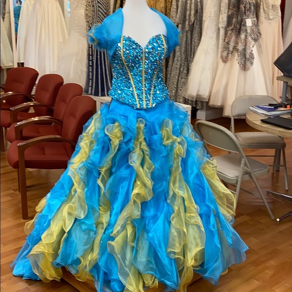 Blue and yellow quinceanera dress with rhinestones